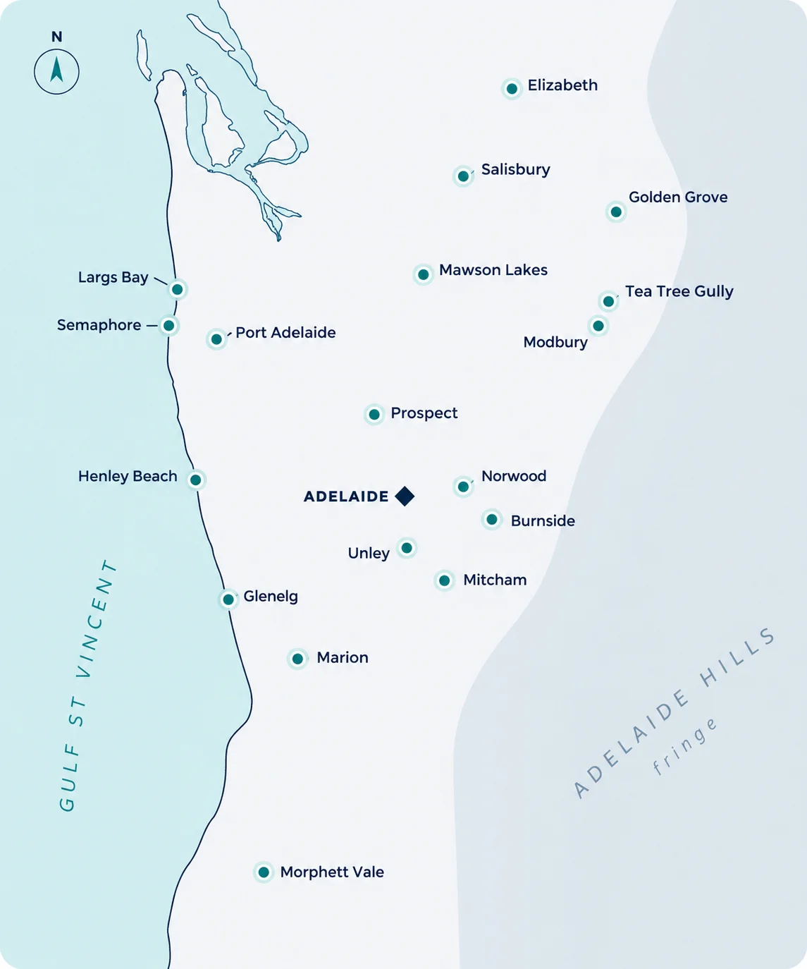 Map of Adelaide showing the suburbs Adelaide Home Air Conditioning services, from the coast to the Adelaide Hills fringe